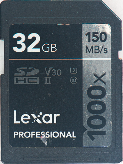 Lexar Professional 32GB SD card with 150 MB/s speed, V30/U3 markings.