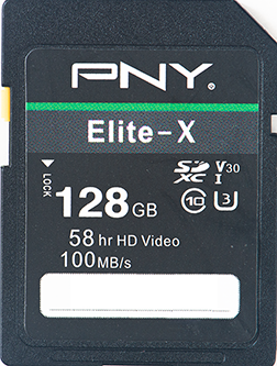 PNY Elite-X SD card, 128 GB capacity, 100 MB/s transfer speed, suitable for 58 hours of HD video.
