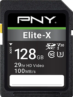 PNY Elite-X 128 GB SDXC memory card (UHS-I, Class 10) with 100 MB/s read speed and marketing note of 29 hr HD video.