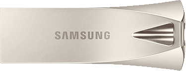 Samsung USB flash drive with a swiveling metal cover and silver body.