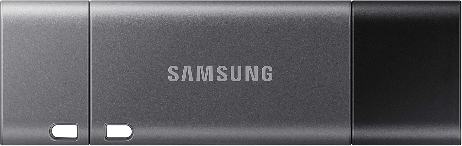 Samsung-branded portable external storage device with a dark gray metal case seen in three panels.